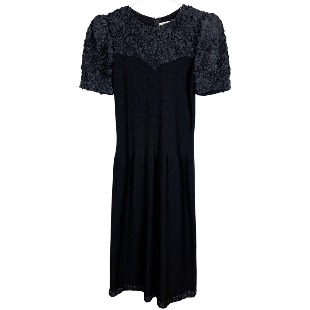Vintage Adolfo Saks Fifth Avenue Dress Black Midi Wool Rayon Rosette Appliqué